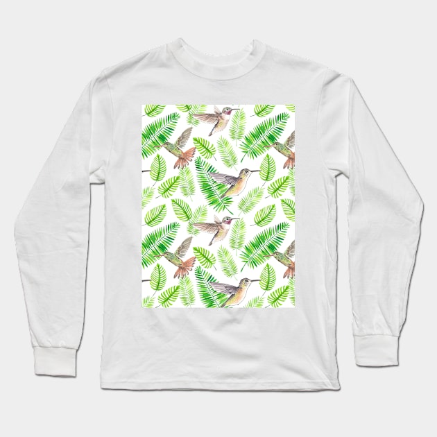 Hummingbirds and tropical leaves Long Sleeve T-Shirt by katerinamk